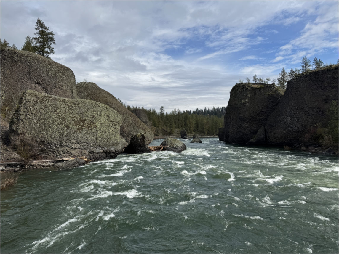 A river surrounded by rough grey rock with some mossy spots